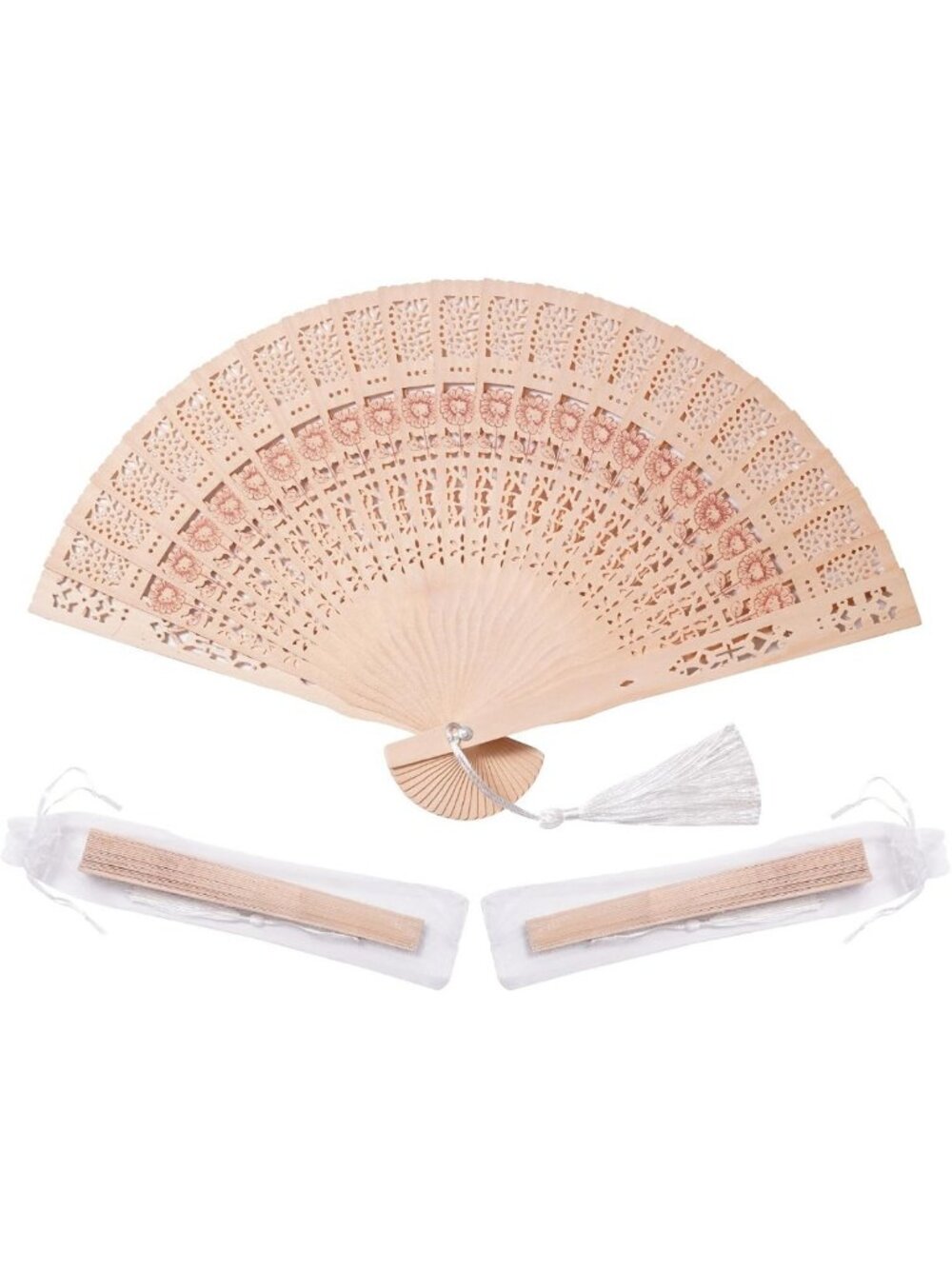 50 Sets Wooden Hand Fans for Baby Shower Favors with Organza Bags & Tassels